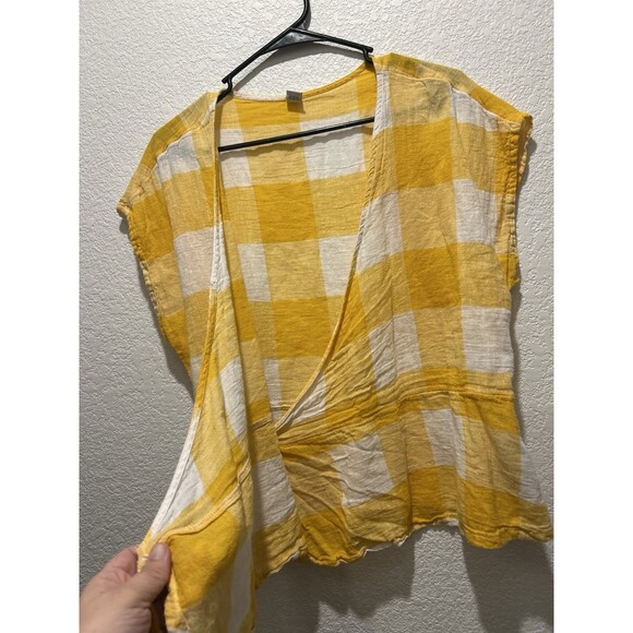 Old Navy Linen Blend Wrap Top Sz L Peplum Yellow Check Lightweight Gauze Beachy - Picture 7 of 10
